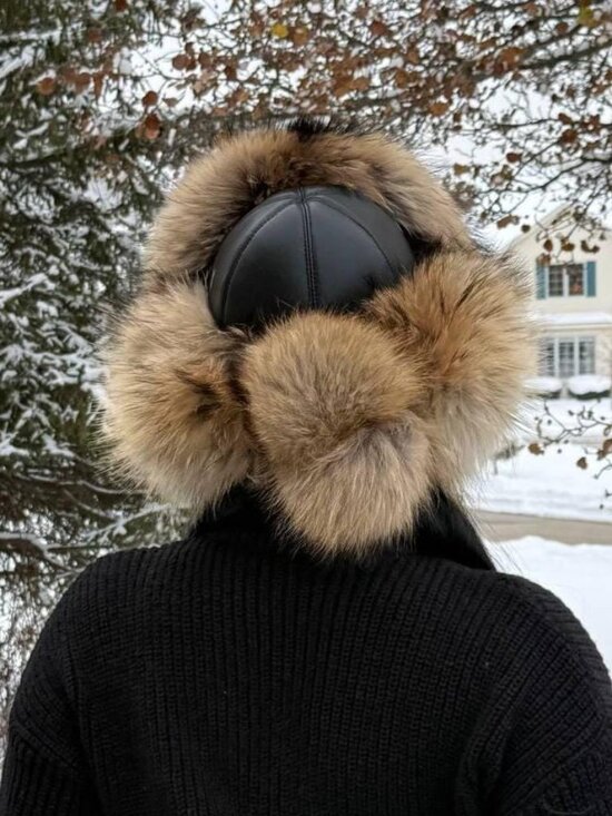 Luxurious Women\'s Real Raccoon Fur Trapper Hat, Genuine Fur & Natural Leather
